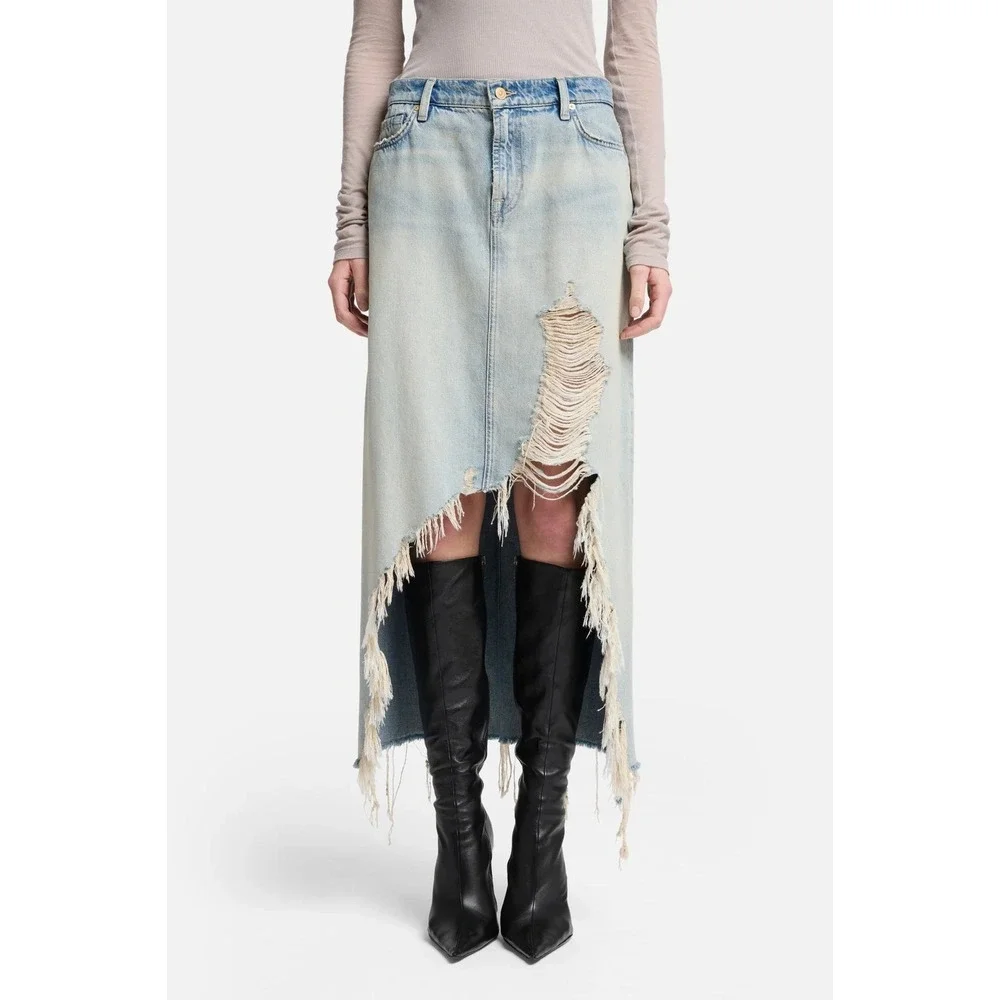 7 For All Mankind Distressed Asymmetrical Denim Maxi Skirt Size 27 - Picture 9 of 13